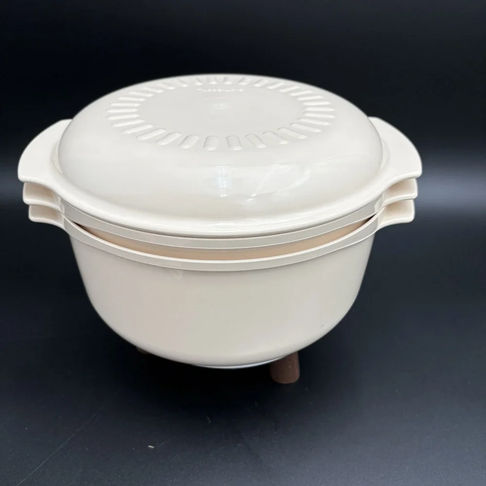 Vintage Tupperware 3 Pc Stackable Cooker In The Microwave Recipe Book Almond