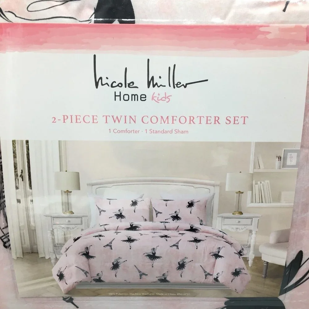 2pc Nicole Miller Ballerina Eiffel Tower Twin Comforter Set Paris Black Ballet