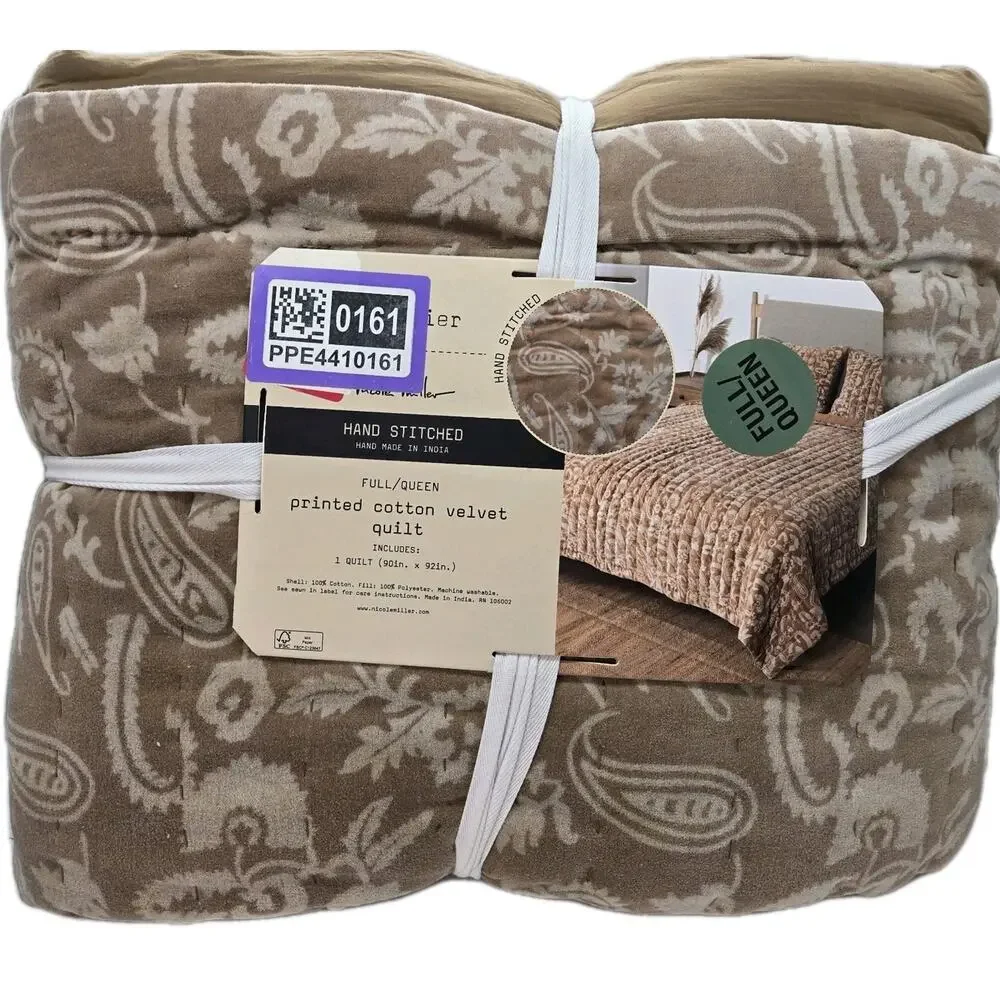 Nicole Miller Velvet Paisley QUEEN Quilt Hand Stitched Beige Brown NEW COTTAGE