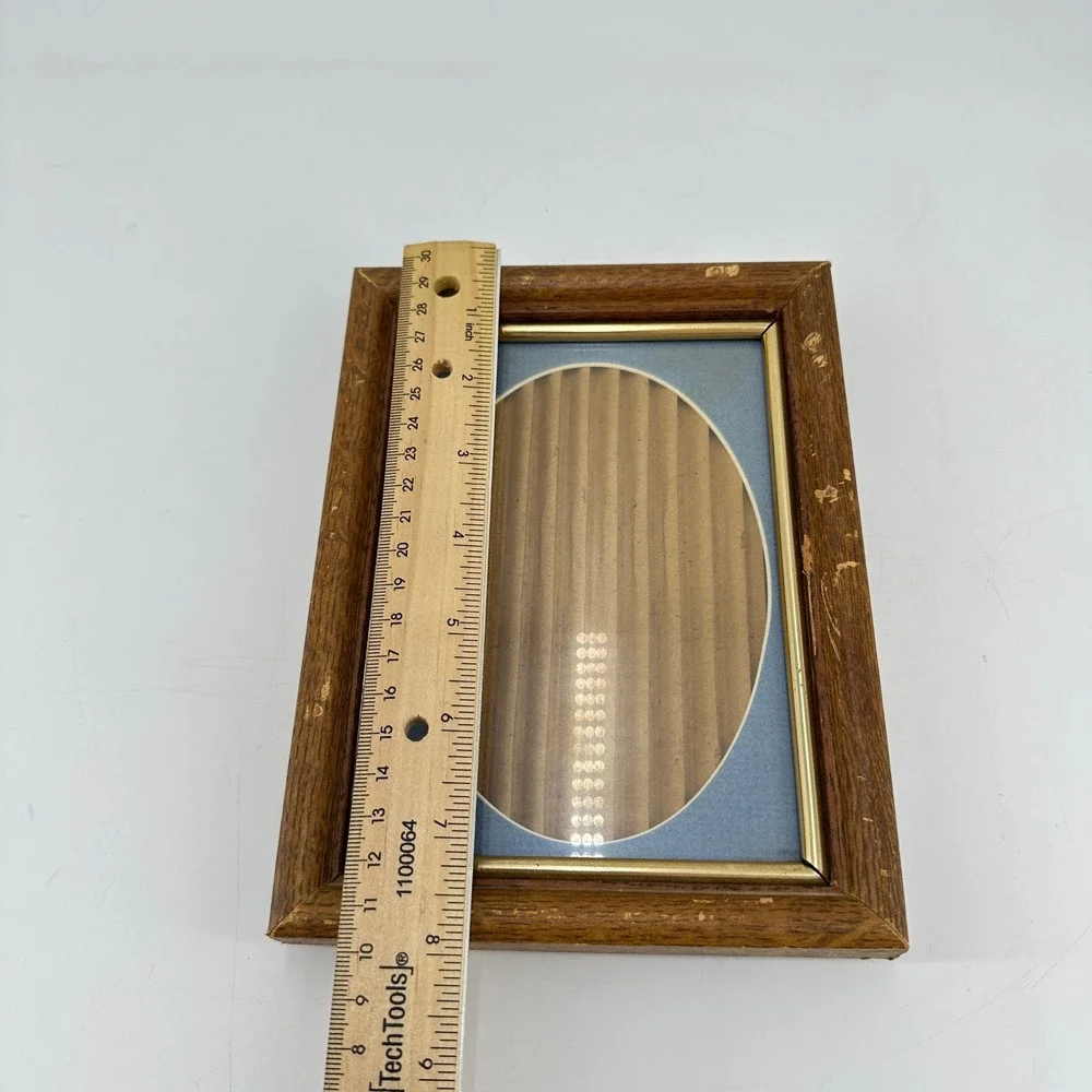 Vintage Wood Picture Frame Blue Oval Mat Gold Trim 5x7 Distressed Rustic Decor