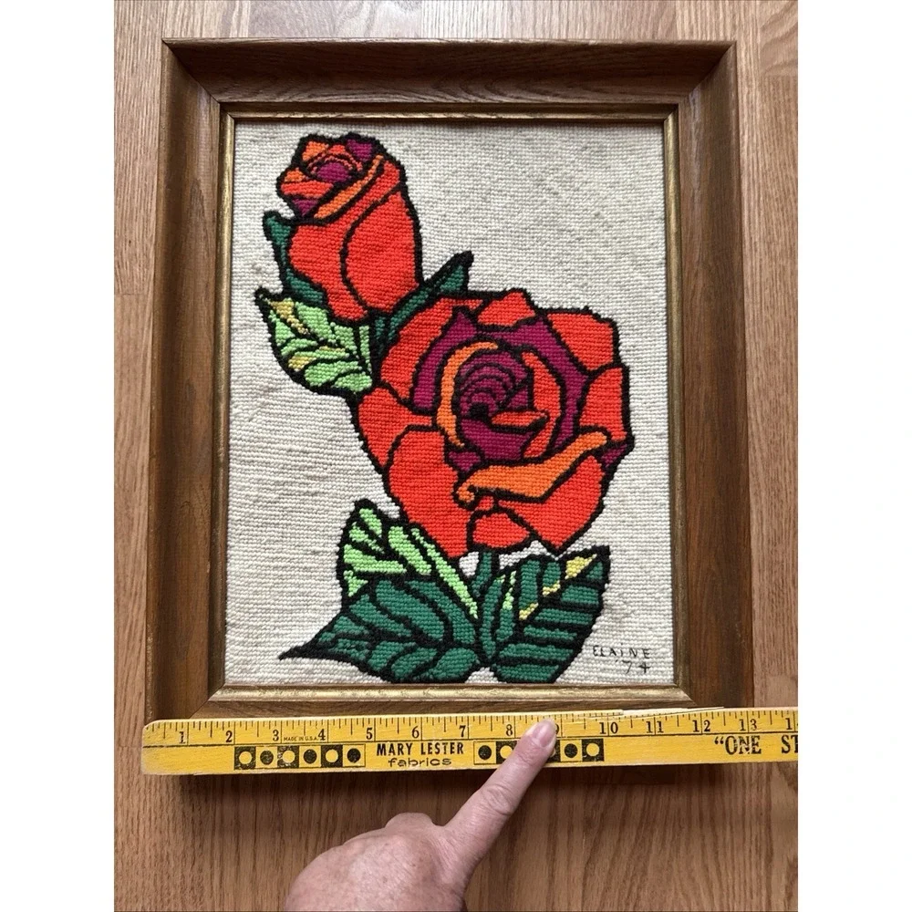 Vintage 1974 Finished Needlepoint Rose Framed Wall Art Retro 70s Punch Needle