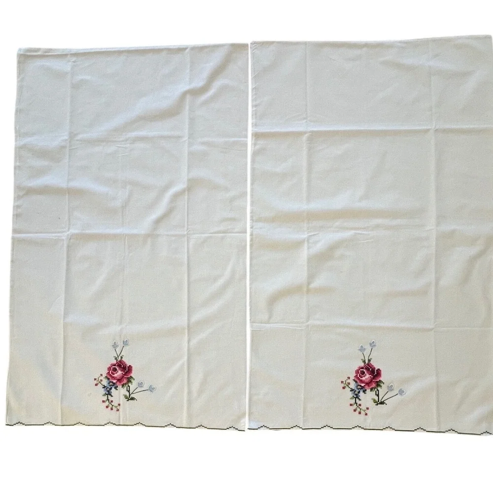 Vintage Cross Stitch Rose Pillowcase Pair White Cotton Floral Embroidery Cottage