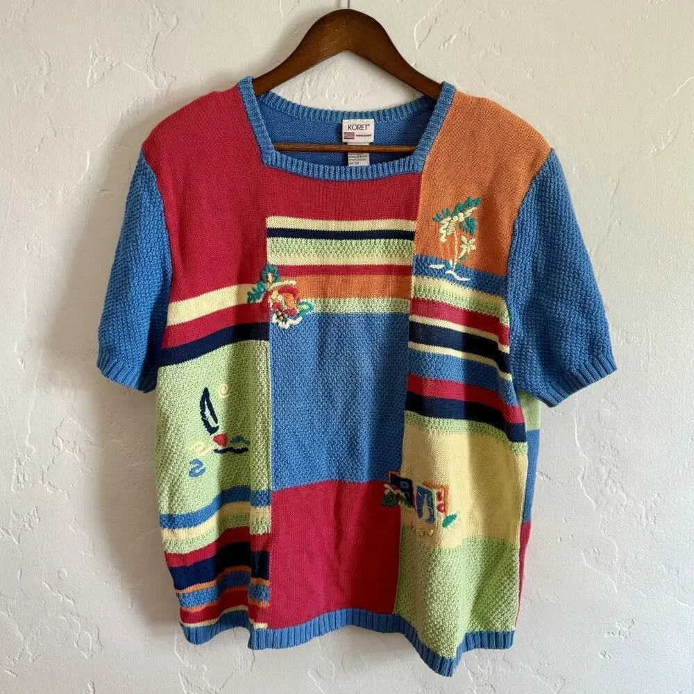 Vintage 90s Koret Size 2X Sweater - Short Sleeve Multicolor Embroidery Knit