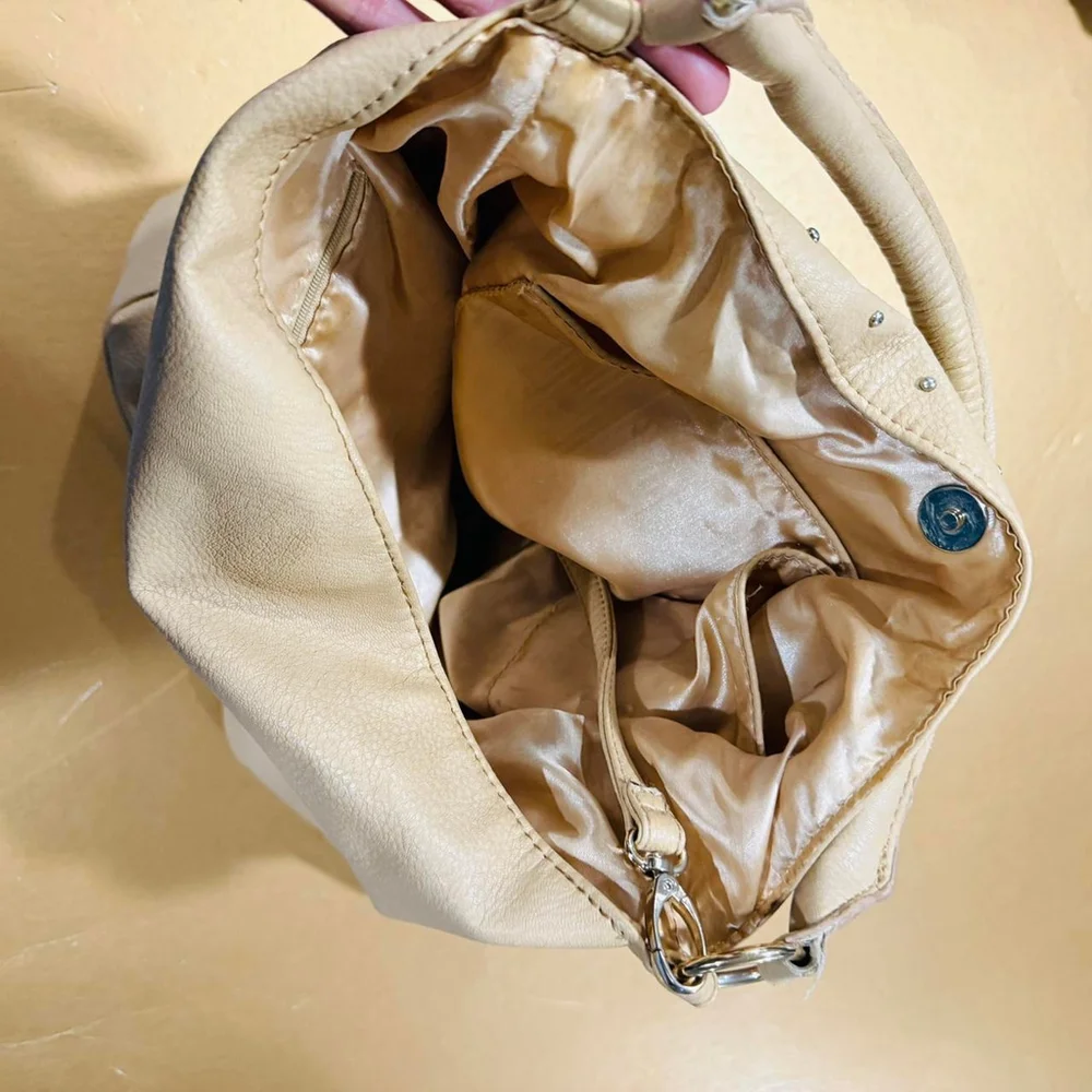 Tan Studded Shoulder Tote Bag