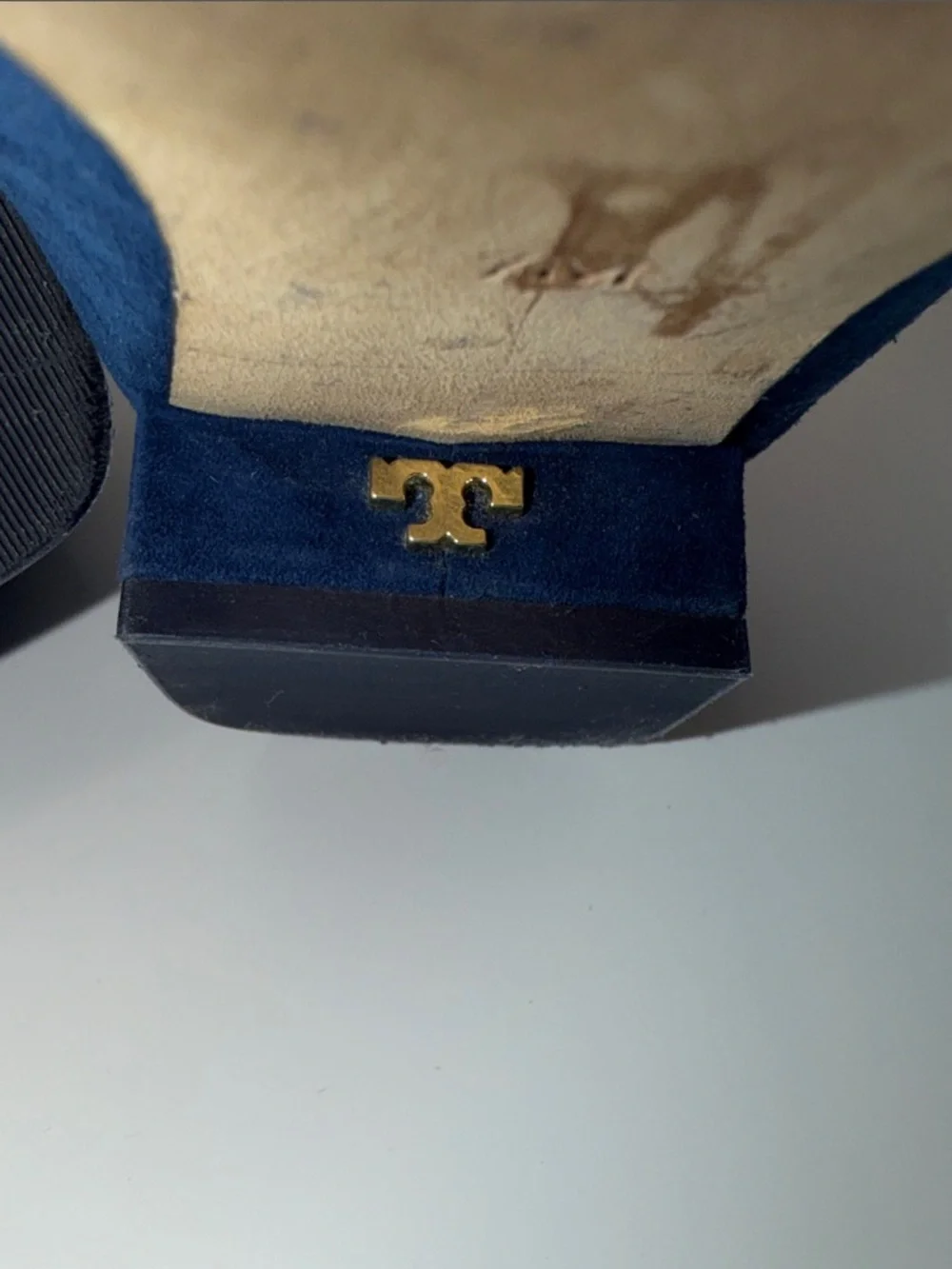 Tory Burch “Gigi” Navy Suede Pumps with Block Heel and Gold T Logo at the Toe
