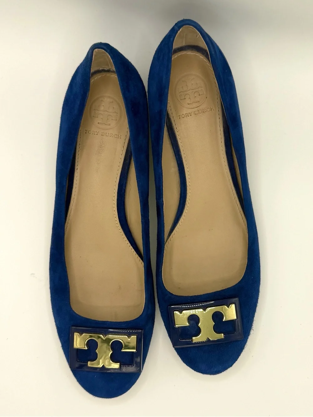 Tory Burch “Gigi” Navy Suede Pumps with Block Heel and Gold T Logo at the Toe