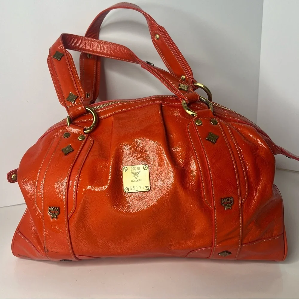 MCM Orange Patent Leather Top Zipper Silver Studded Accent Satchel/Handbag‎ 🧡