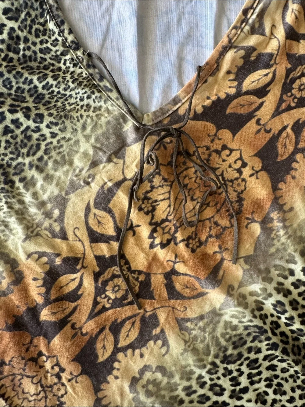 Fashion Bug Vintage Floral & Animal Cheetah Print Lace-Up Women's Blouse Mustard