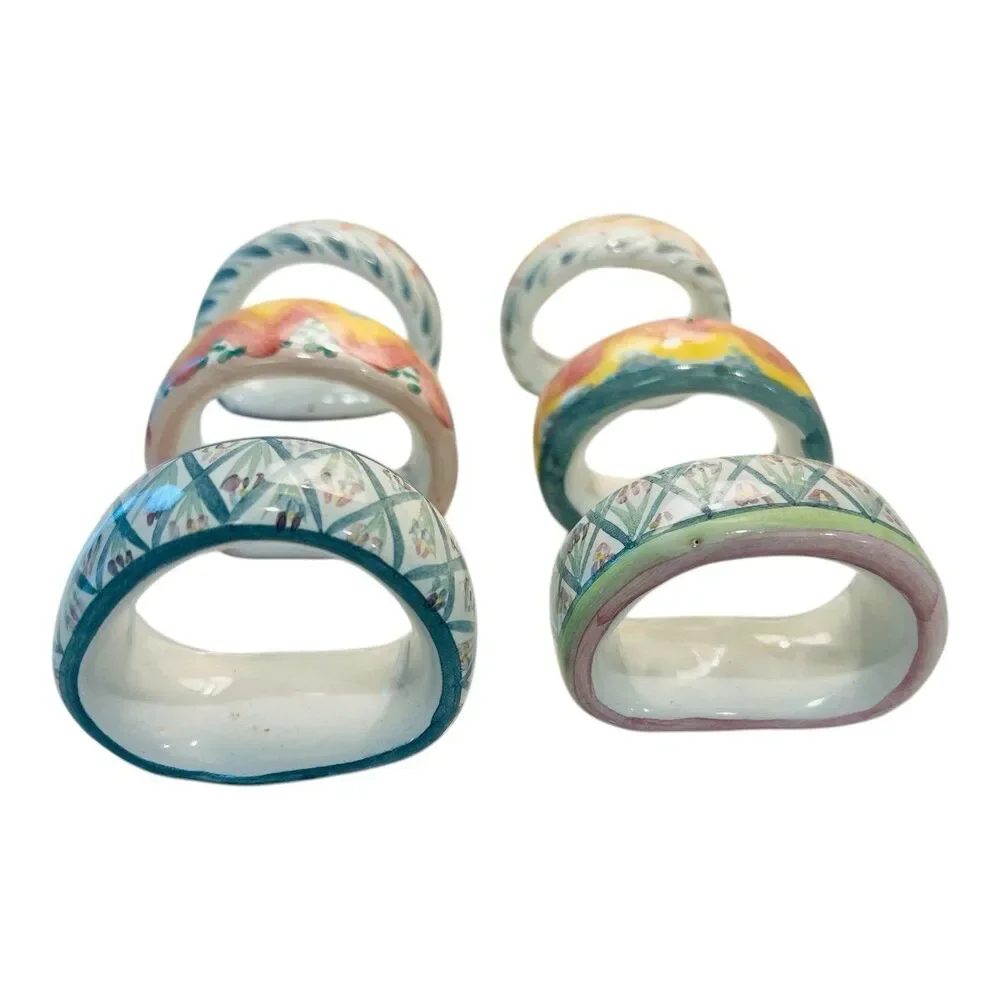 MacKenzie-Childs Vintage Napkin Rings Set 6 Hand Painted Mixed Patterns