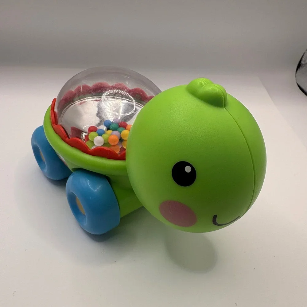 Green Turtle Rattle Push Toy with Colorful Beads and Blue Wheels Sensory Toy