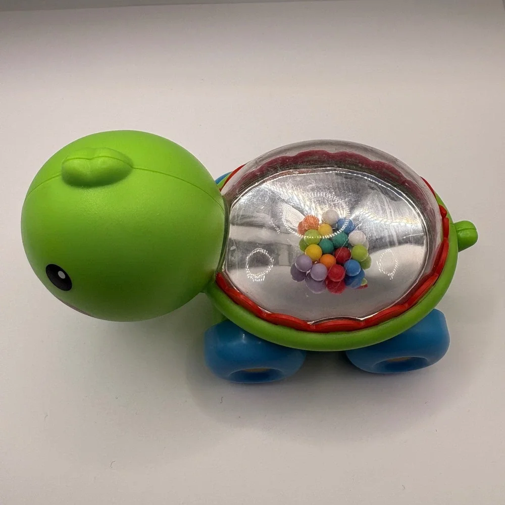 Green Turtle Rattle Push Toy with Colorful Beads and Blue Wheels Sensory Toy