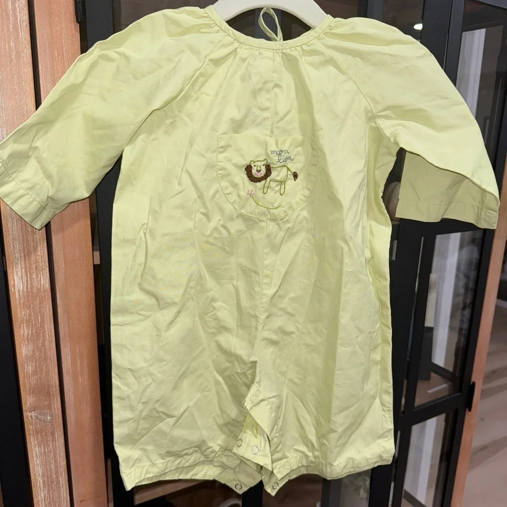 Vintage French mon lion embroidered romper coverall baby girl long sleeve lime