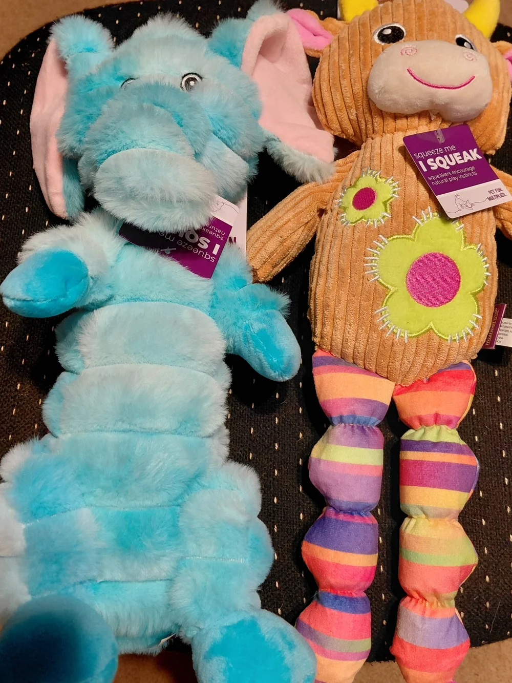 Multipet International Squeeky Dog Toy Lot Blue Elephant & Rainbow Cow Large New
