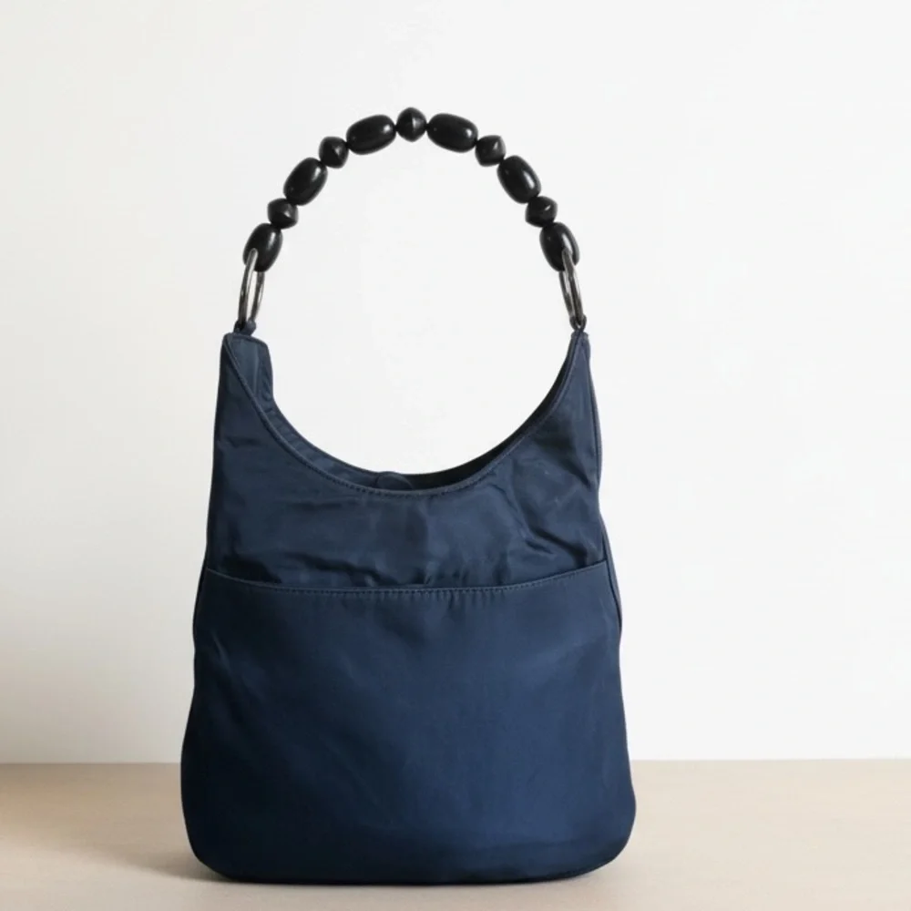 Vintage Christian Dior Black Nylon Beaded Hobo Bag Y2K Minimalist Shoulder Bag