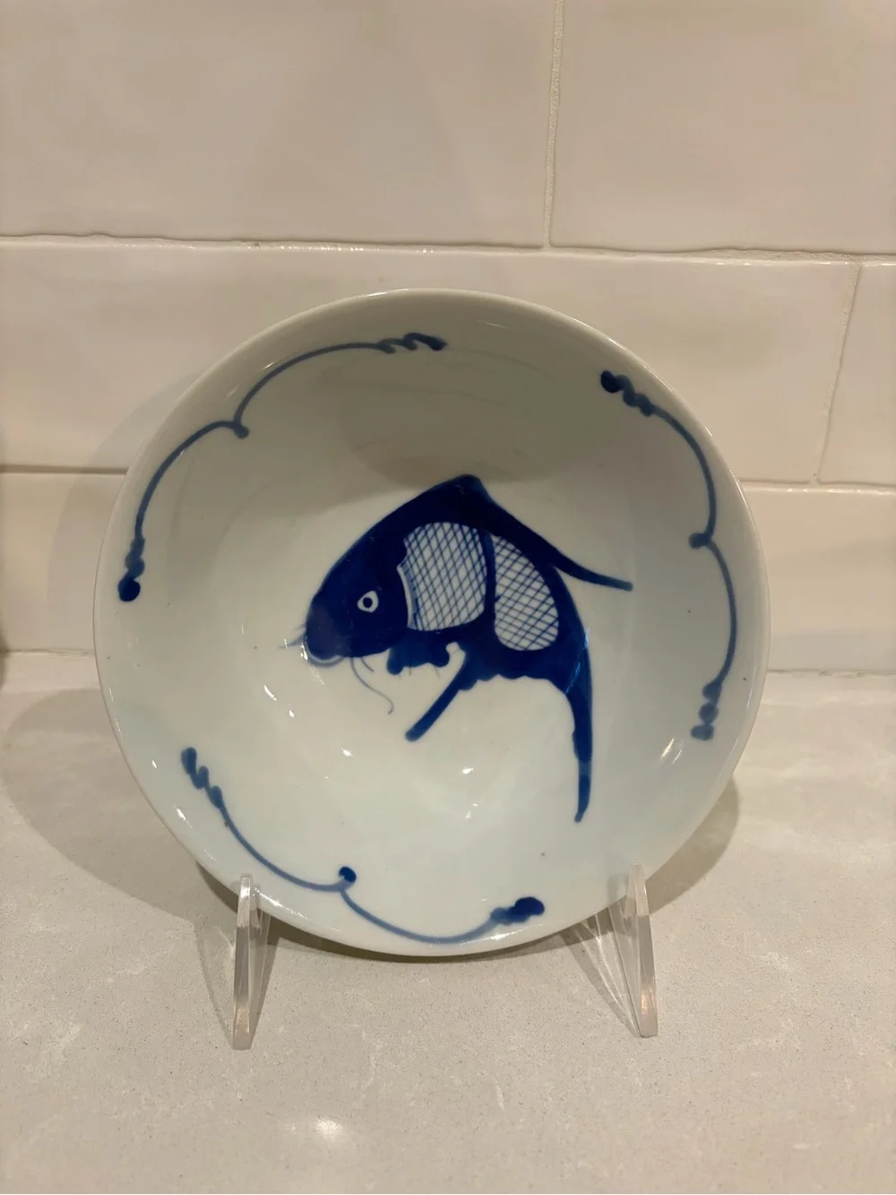 Vtg Set of 4 Cobalt Blue and White Koi Fish Porcelain Bowls 6.25” made in China