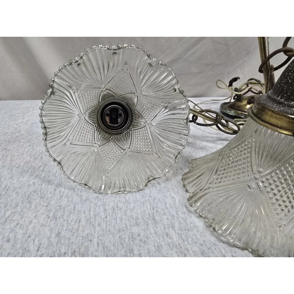 Vintage Brass Double Pendant Light Pair Frosted Glass Shades Hanging Lamps MCM