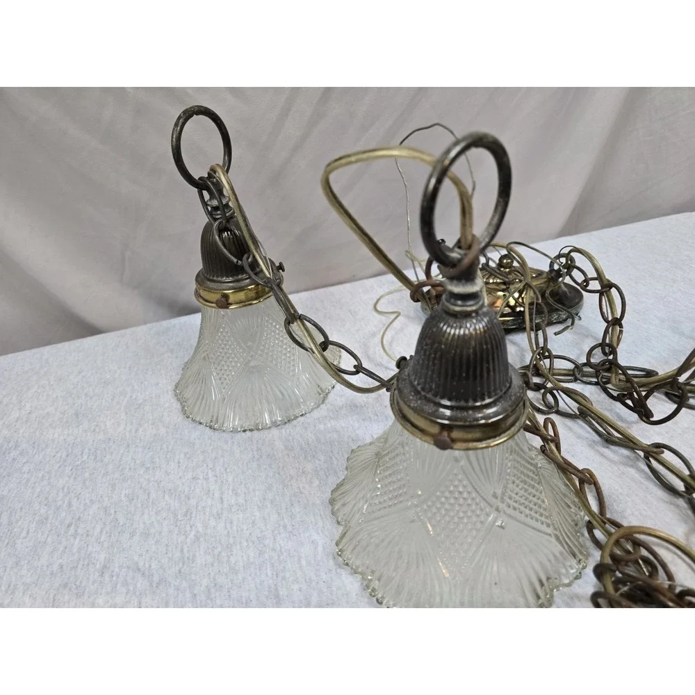 Vintage Brass Double Pendant Light Pair Frosted Glass Shades Hanging Lamps MCM