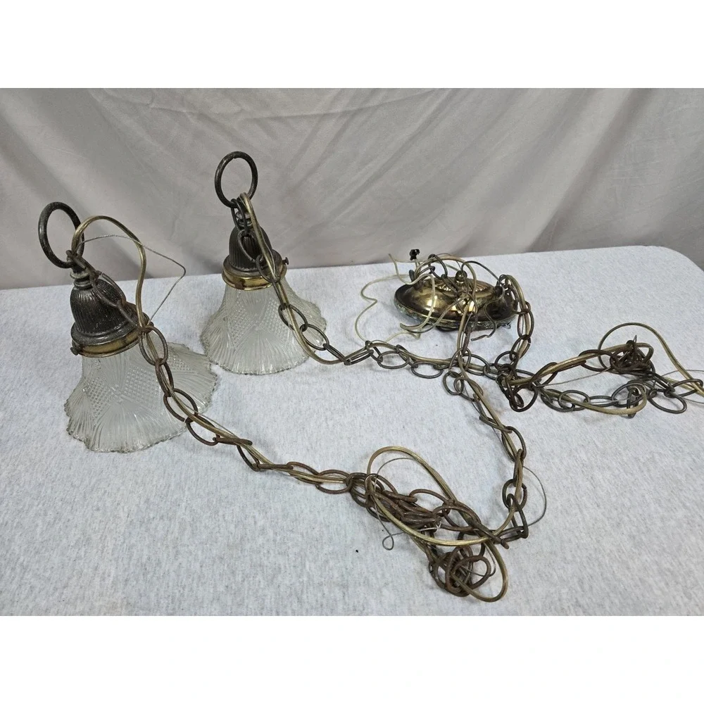 Vintage Brass Double Pendant Light Pair Frosted Glass Shades Hanging Lamps MCM