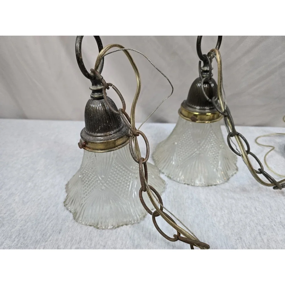 Vintage Brass Double Pendant Light Pair Frosted Glass Shades Hanging Lamps MCM