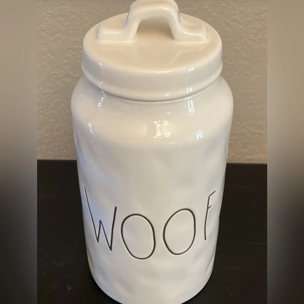 Rae Dunn WOOF Ceramic Pet Dog Treats Canister W/Lid White By Magenta
