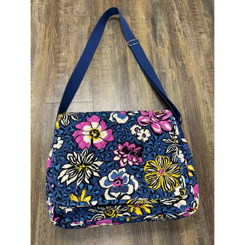 Vera Bradley Floral Leopard Quilted Cotton Messenger Bag Blue Pink Crossbody