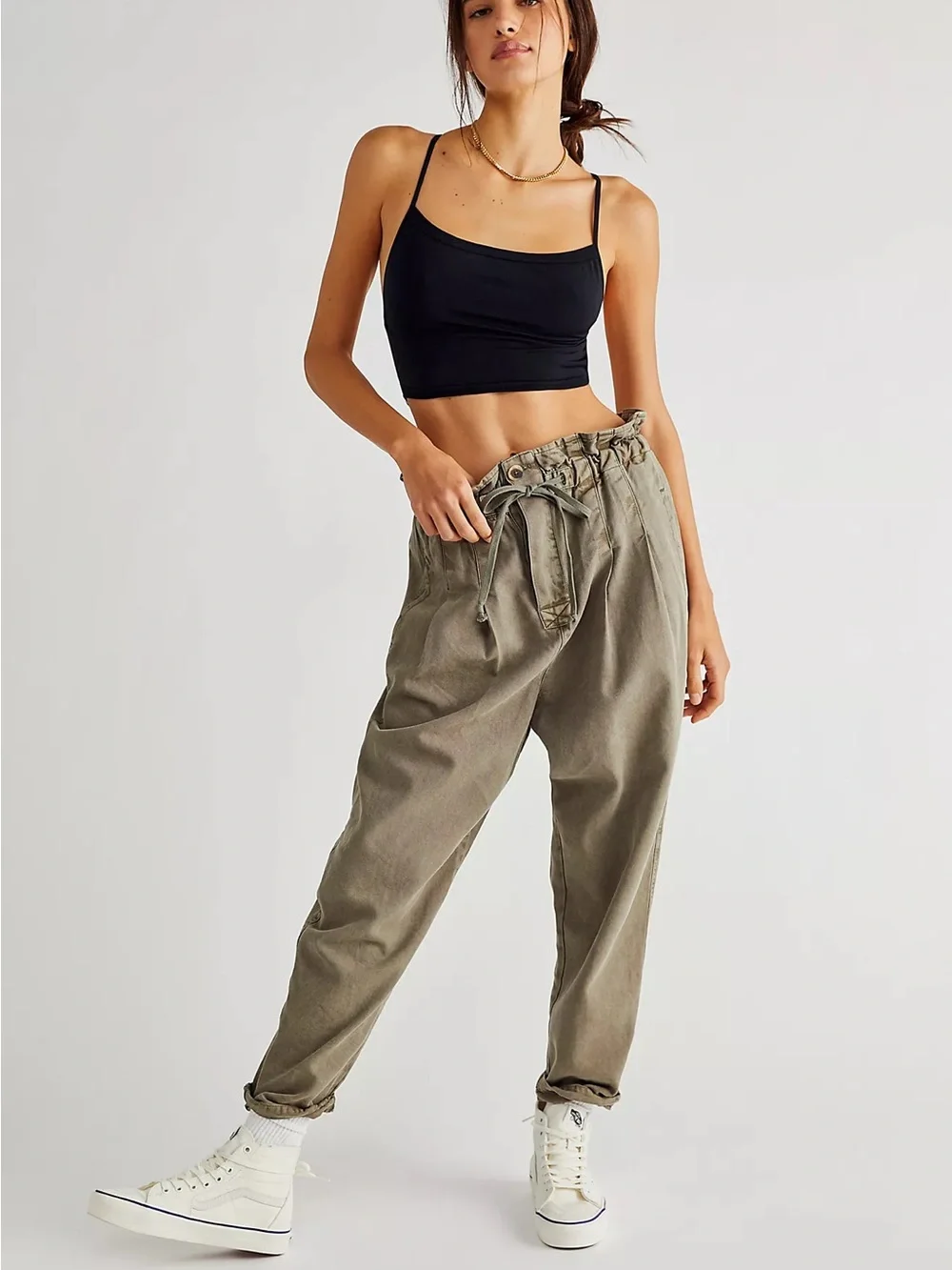 Free People Margate Pleated Trouser in Olive Green