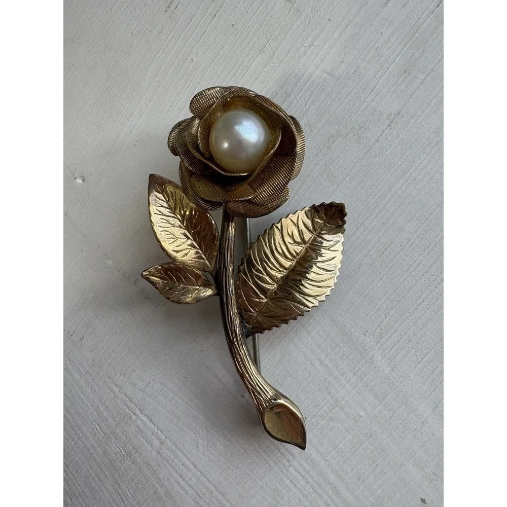 Vintage‎ 4 Winard 12k Yellow GF Rose Brooch Pin Faux Pearl Signed