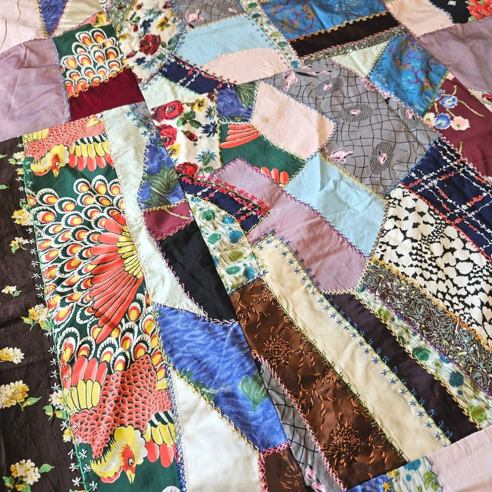 Vintage 40s Handmade Crazy Quilt Top Silk Satin Velvet Embroidered Folk Art Twin