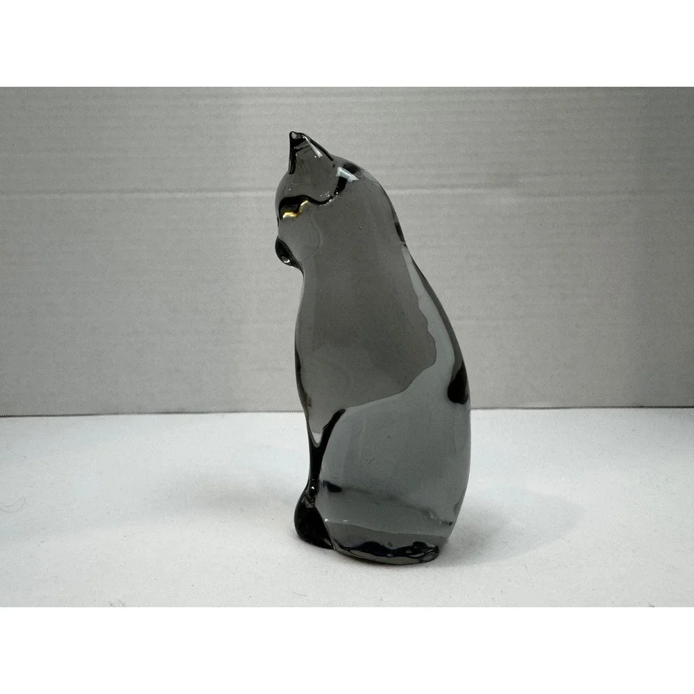 Vintage Smoky Grey Reijmyre Glass Cat Figurine Feline Paperweight MCM Sweden