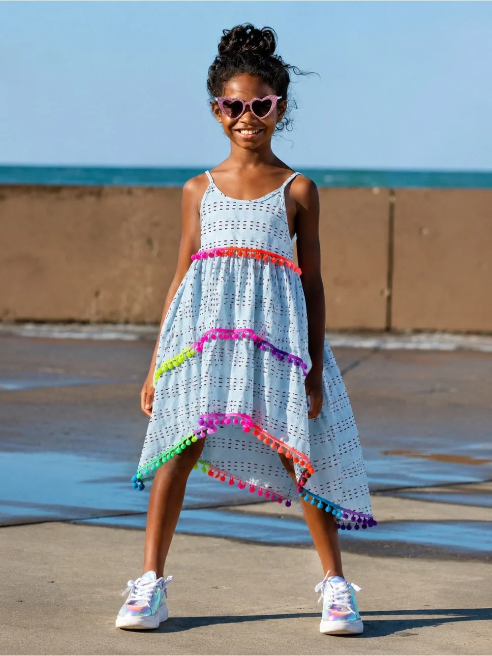 Lola and The Boys Baby Blue Cotton High Low Pom Pom Sun Dress Sz 14 *Flawed*