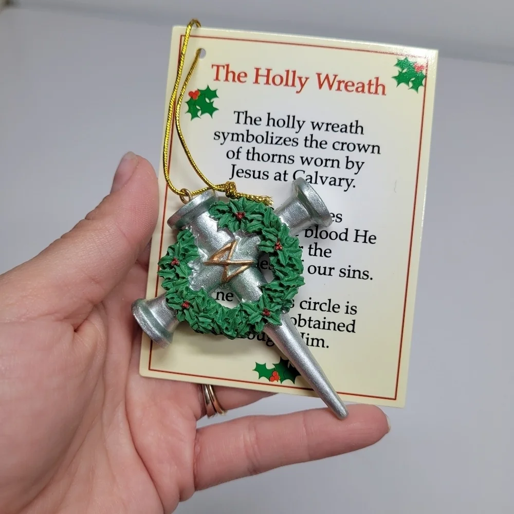 Vintage The Holly Wreath Cross Of‎ Nails Jesus Ornament Card Gift Present Resin