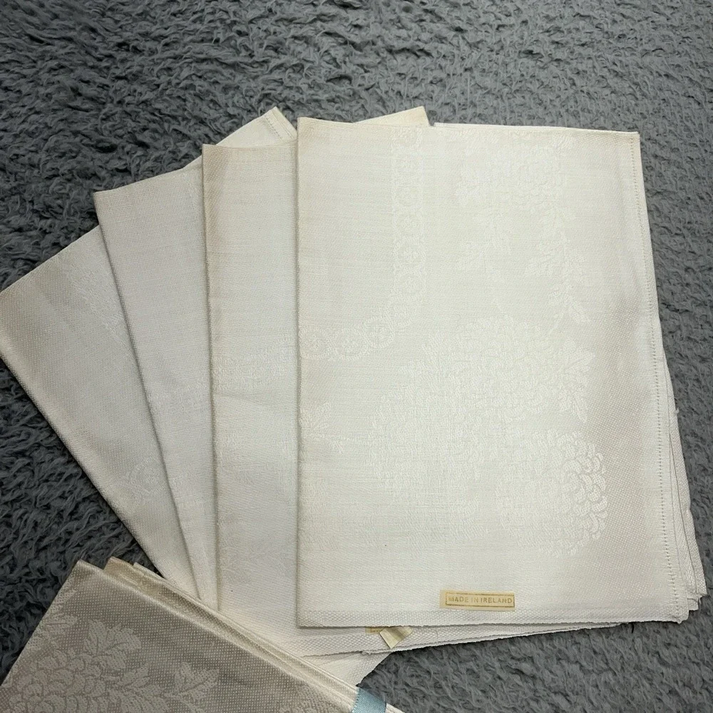 Pure‎ Irish Linen Tablecloth 64x82 & Napkins Vtg Ireland Made 200# Pat 11 Floral