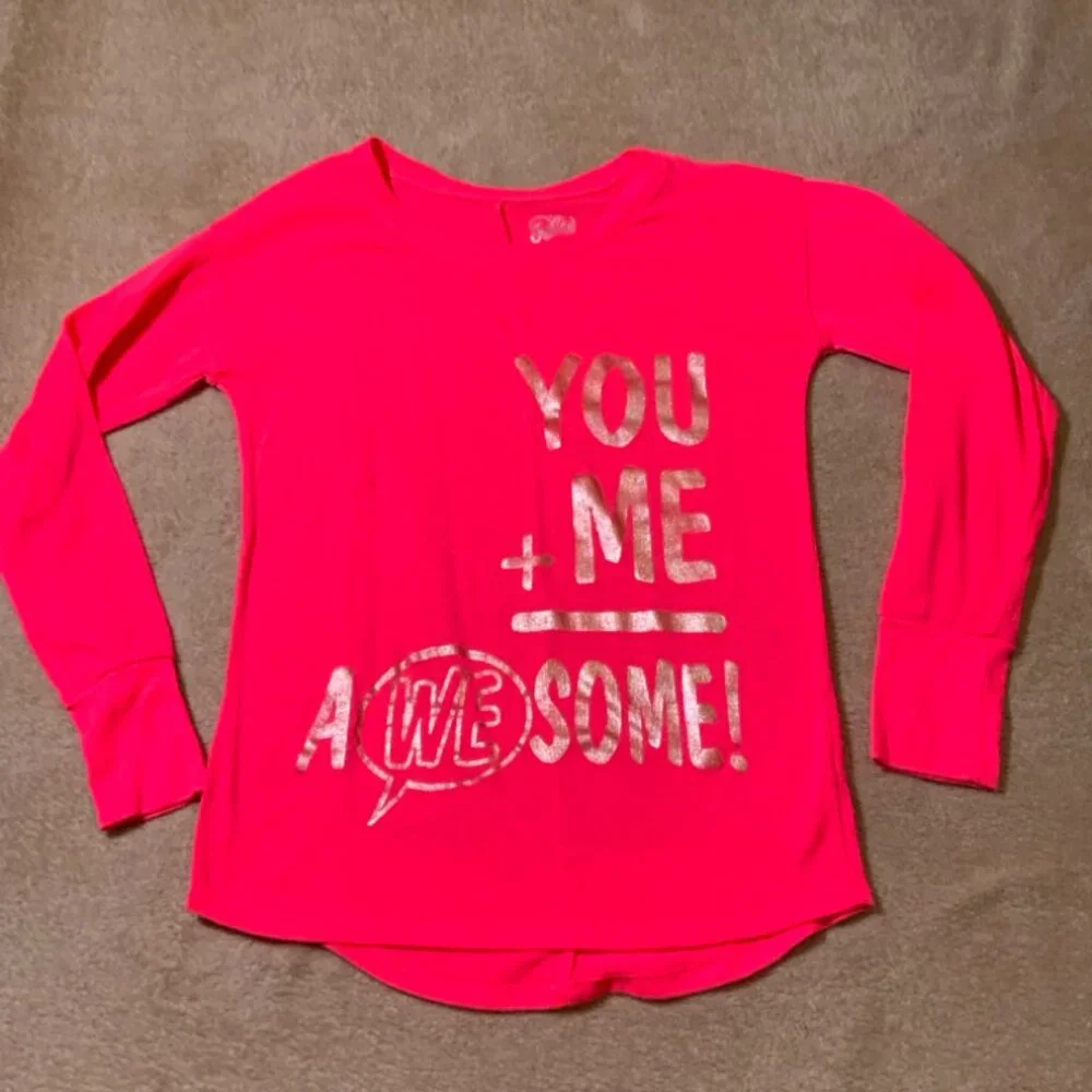 Justice Girls 8 Neon Pink Gold Knit Long Sleeve Metallic You + Me = Awesome‎ Top