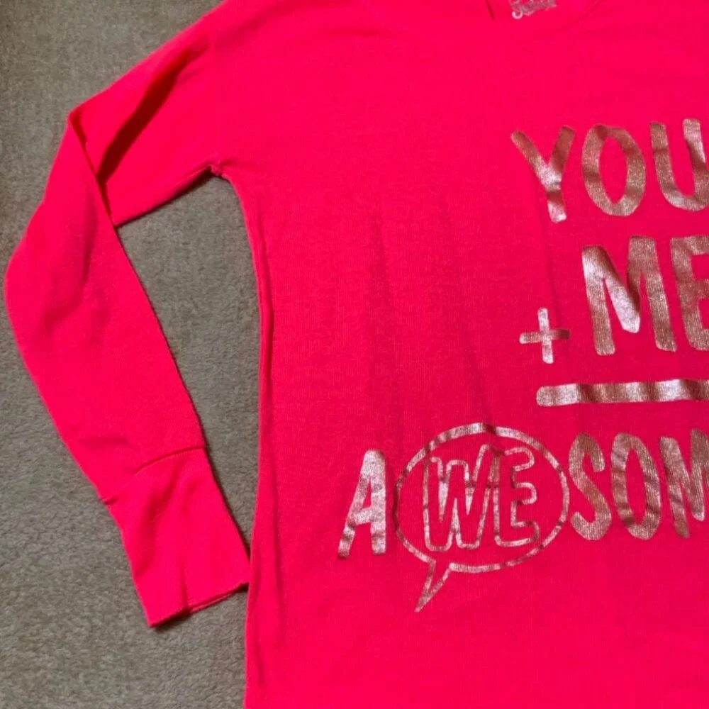 Justice Girls 8 Neon Pink Gold Knit Long Sleeve Metallic You + Me = Awesome‎ Top