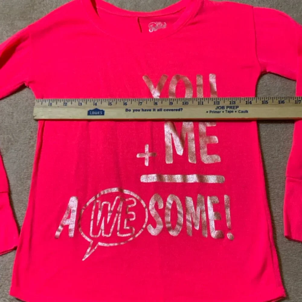 Justice Girls 8 Neon Pink Gold Knit Long Sleeve Metallic You + Me = Awesome‎ Top