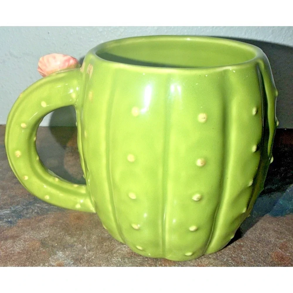 Pier 1 Cactus Mug Green Stoneware Flower Handle Coffee Cup EUC