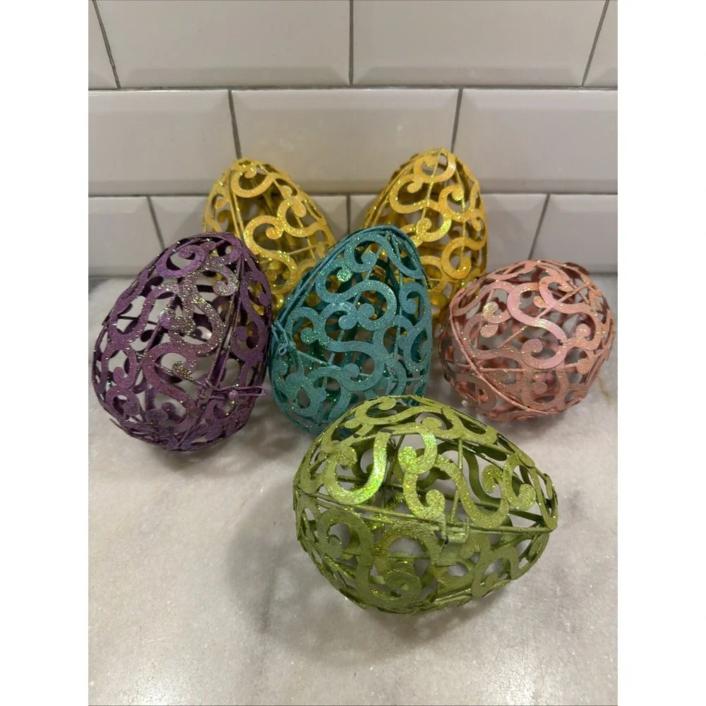 Set Of 6Vintage Pier 1 Metal Scroll Glitter Eggs Easter 003