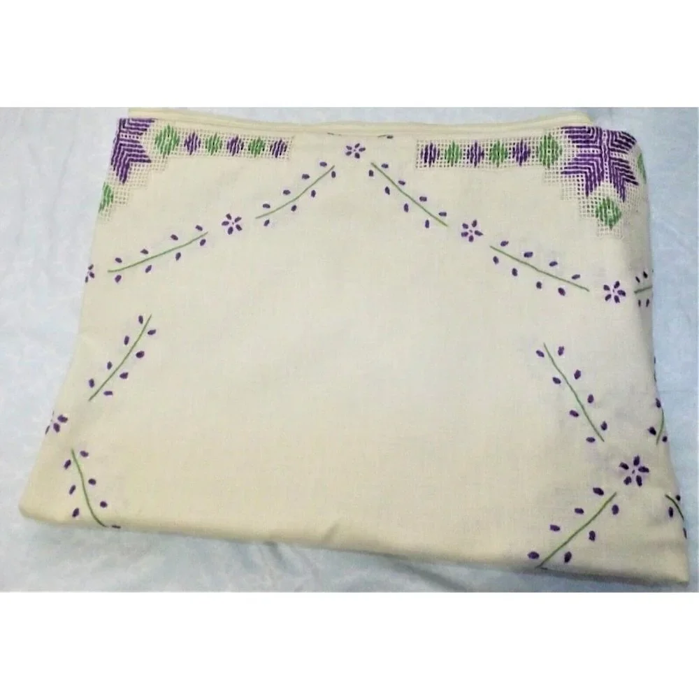 Vintage Embroidered 52 X 68 Beige Linen Tablecloth Purple and Green Design