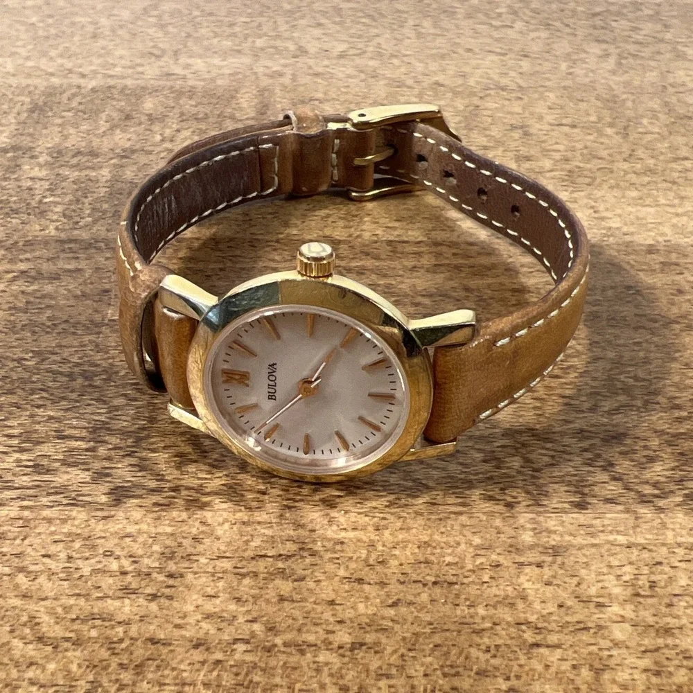 Bulova Women's Analog Brown Genuine Leather Gold Tone Quartz Watch Needs Battery