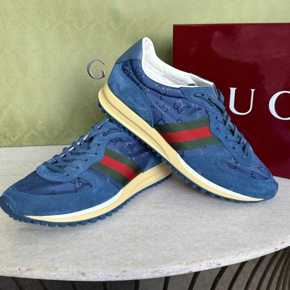 GUCCI 832461 Men's Canvas Blue GG Re-Motion sneaker, Size UK 9‎