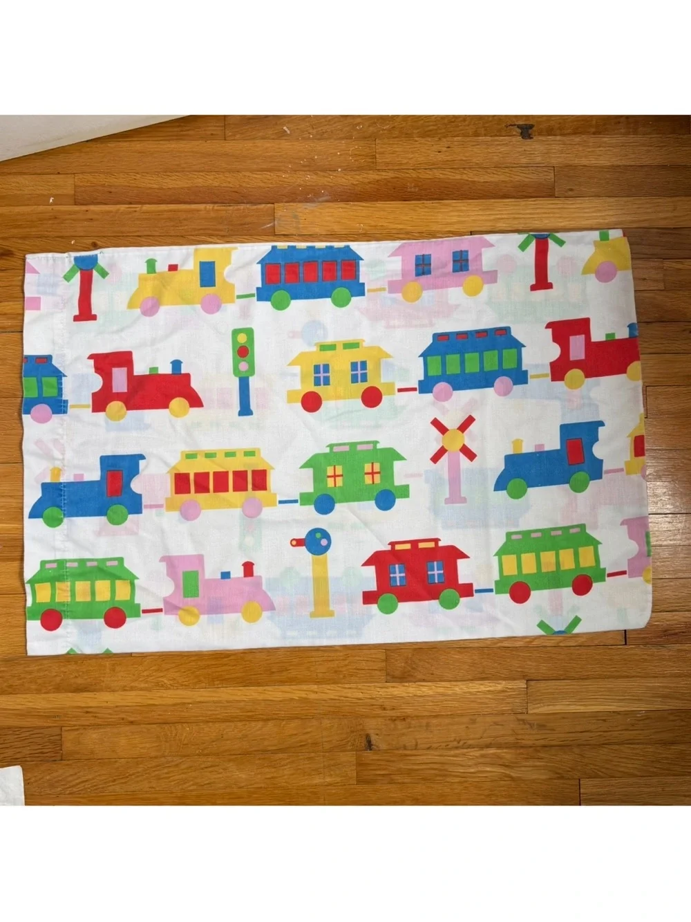 Vintage Train Locomotive Pillowcase Primary Colors 1980’s Transportation Novelty