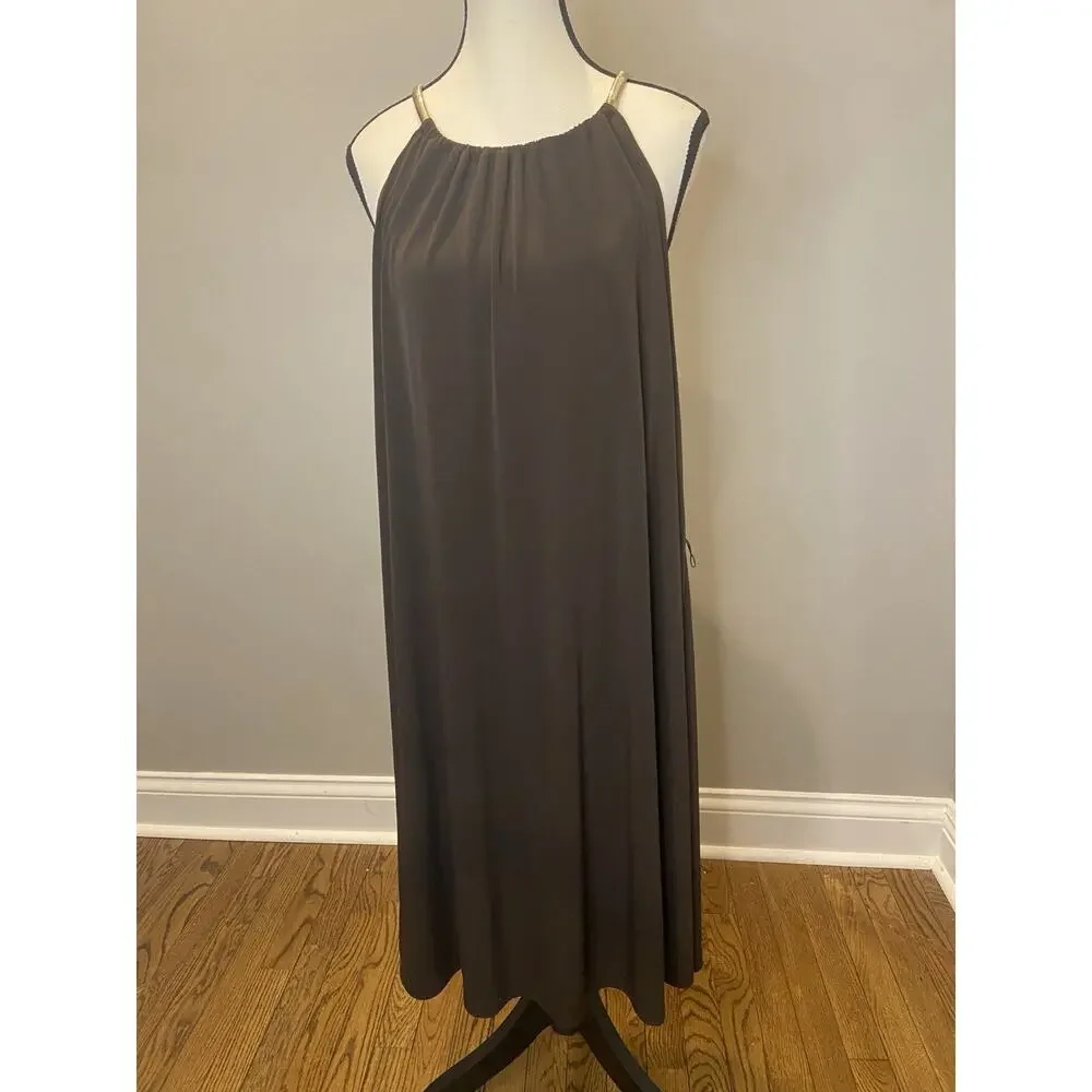 Michael Kors Women's Brown Maxi Dress Gold Strap Halter Flowy Sleeveless L