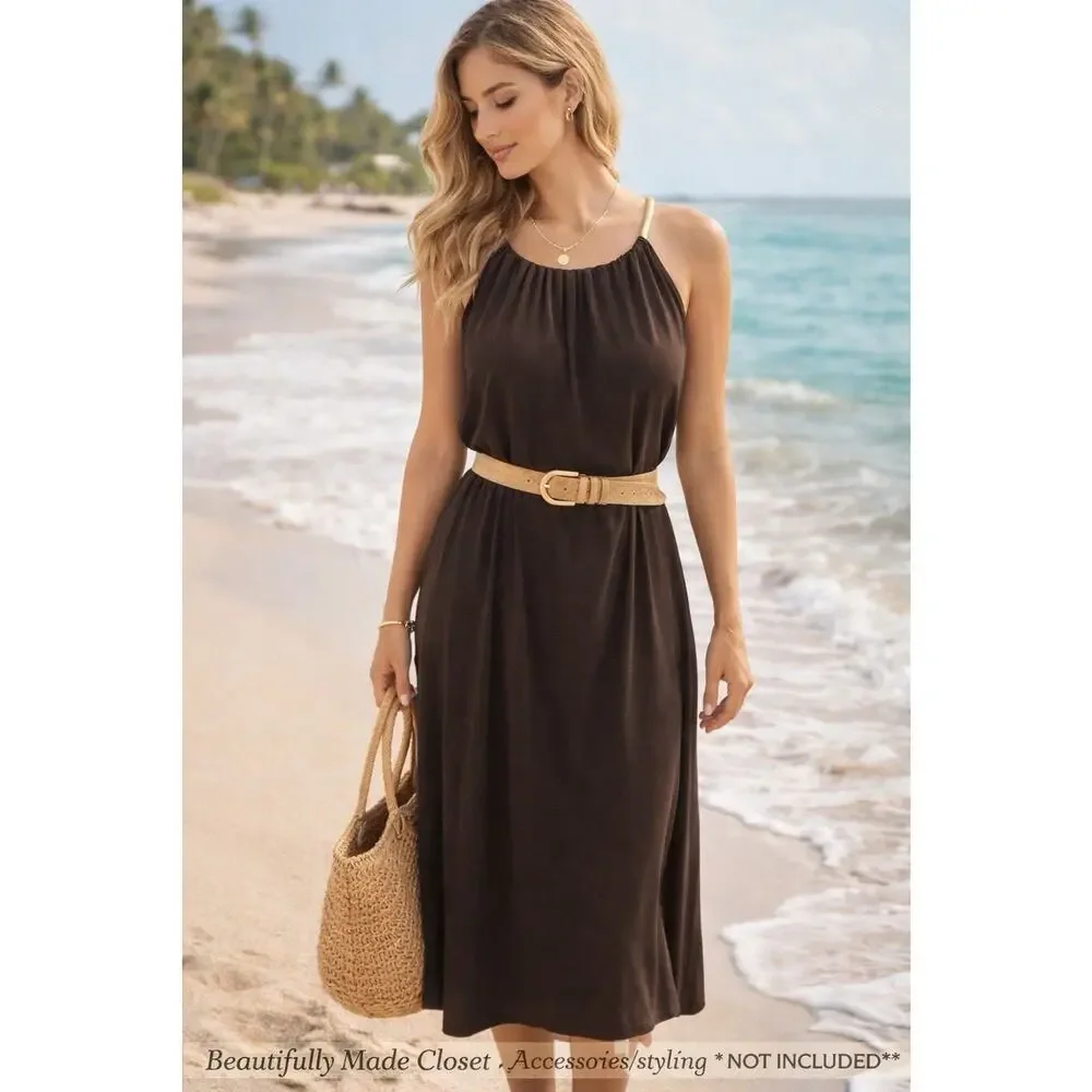 Michael Kors Women's Brown Maxi Dress Gold Strap Halter Flowy Sleeveless L
