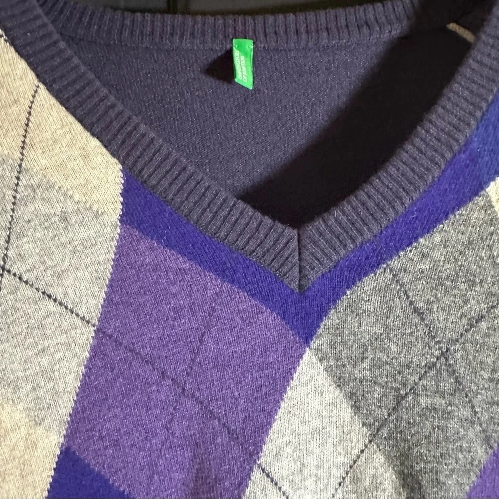 Benetton XL Wool blended Argyle Long Sleeve V-Neck Pullover Sweater (H)
