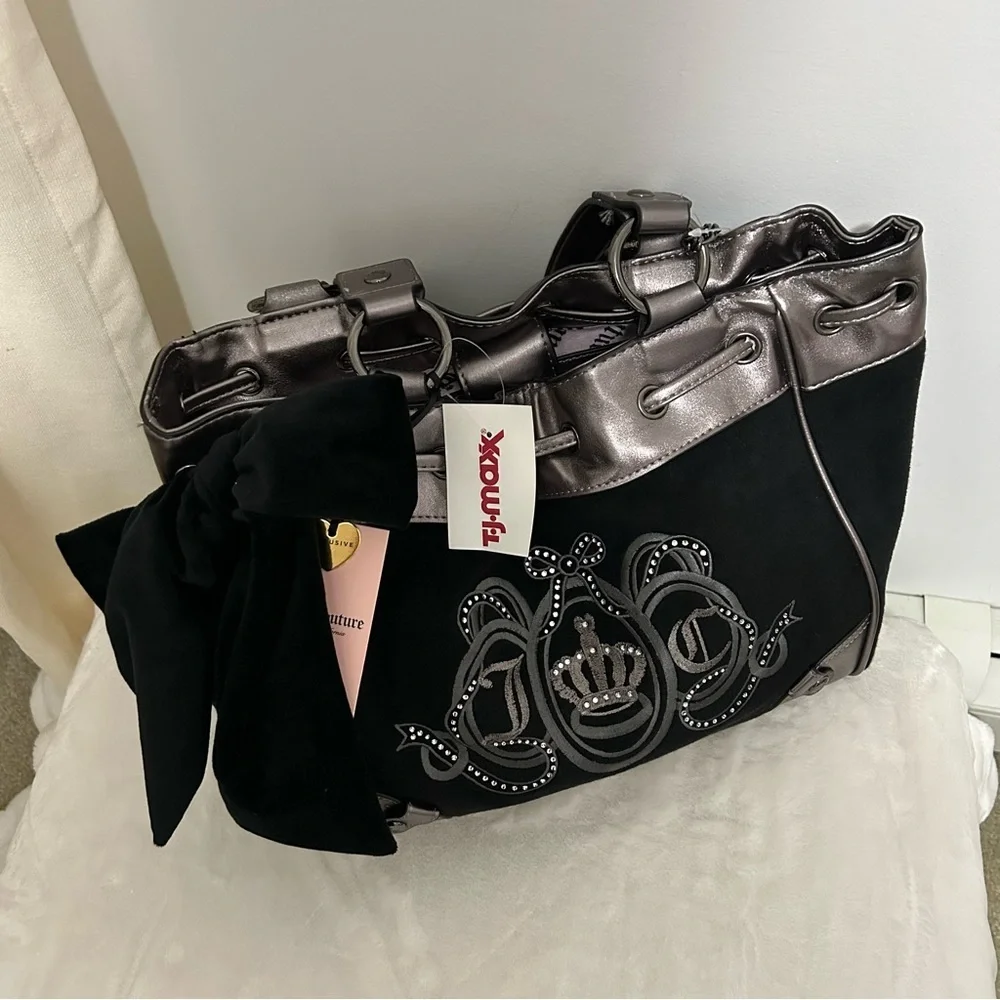 NWT Juicy Couture Black Velour Daydreamer Bag Metallic Pewter Trim
