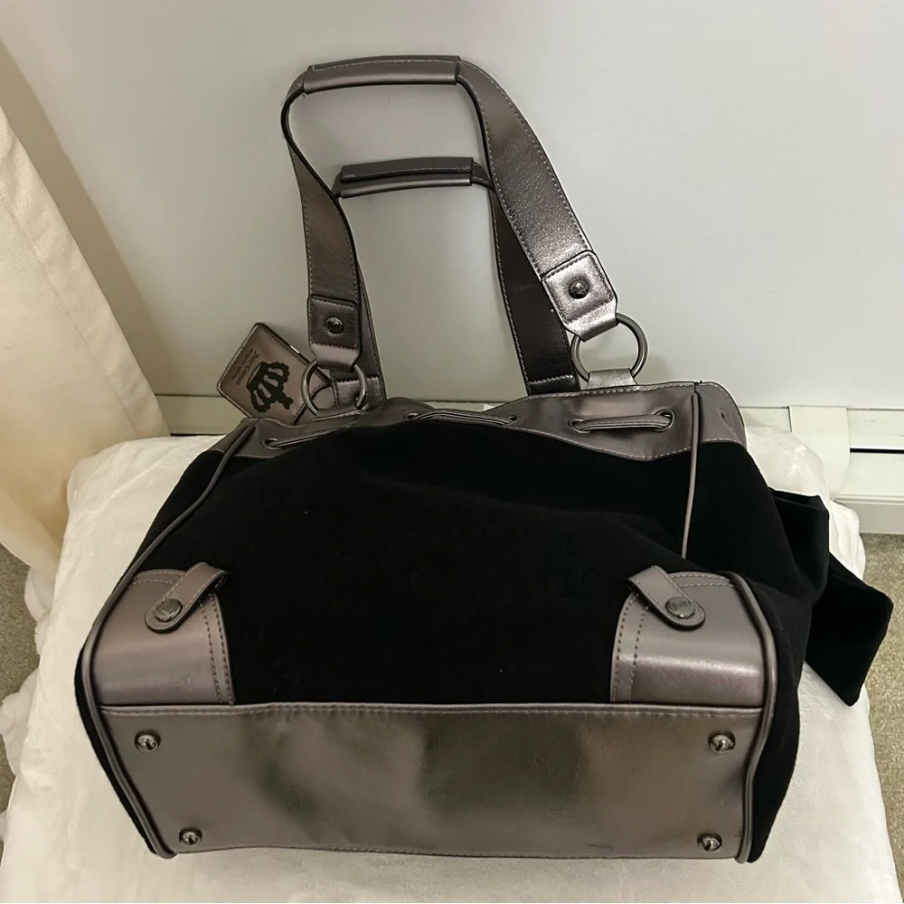 NWT Juicy Couture Black Velour Daydreamer Bag Metallic Pewter Trim