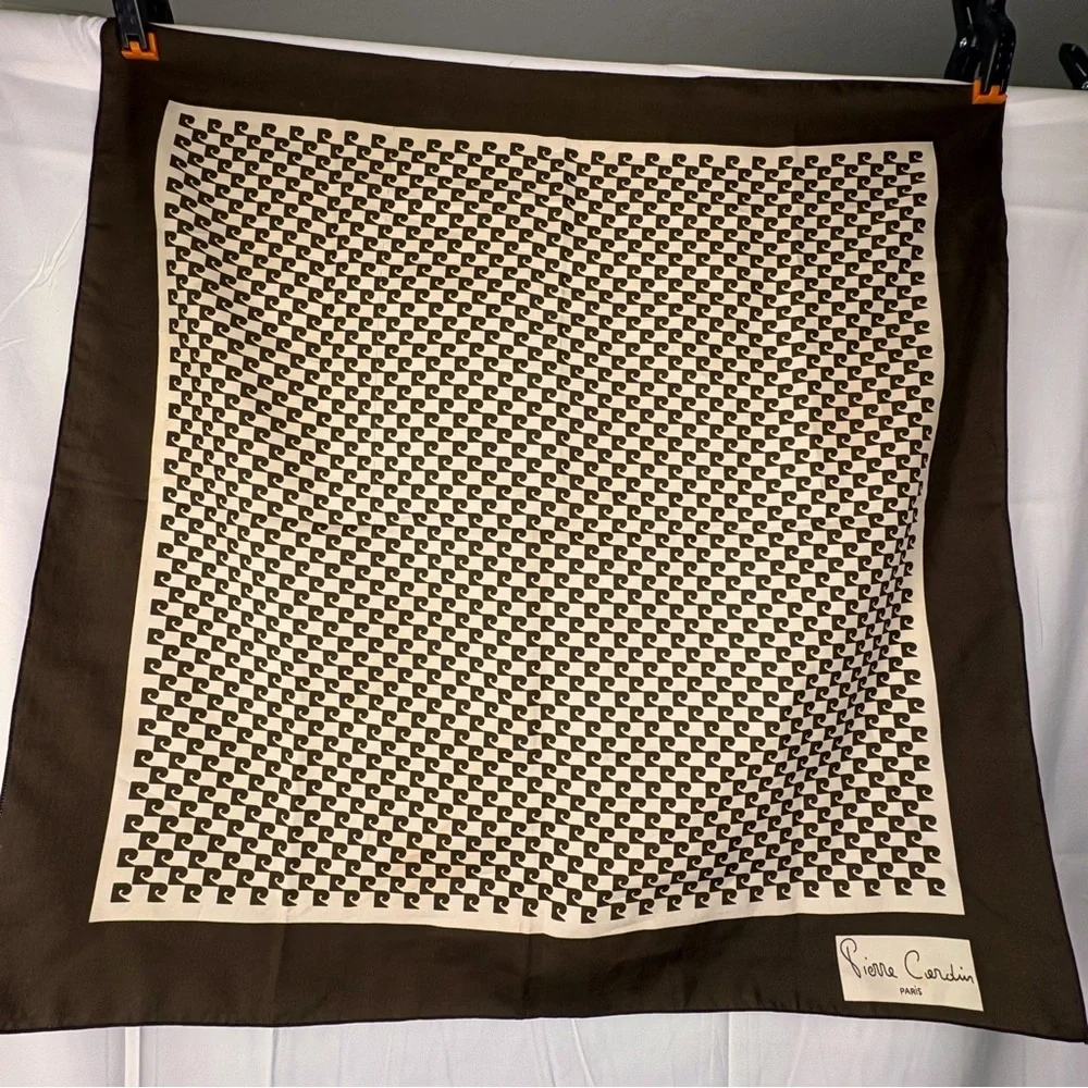 Pierre Cardin Paris Signature Brown & Cream Patterned Scarf Vintage 1980-1989