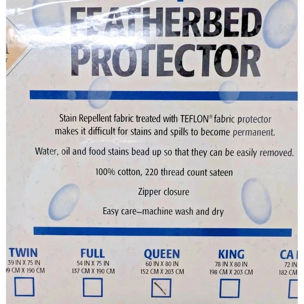 Teflon Stain Repellent Featherbed Protector Queen Cotton Sateen 220 tc NOS READ