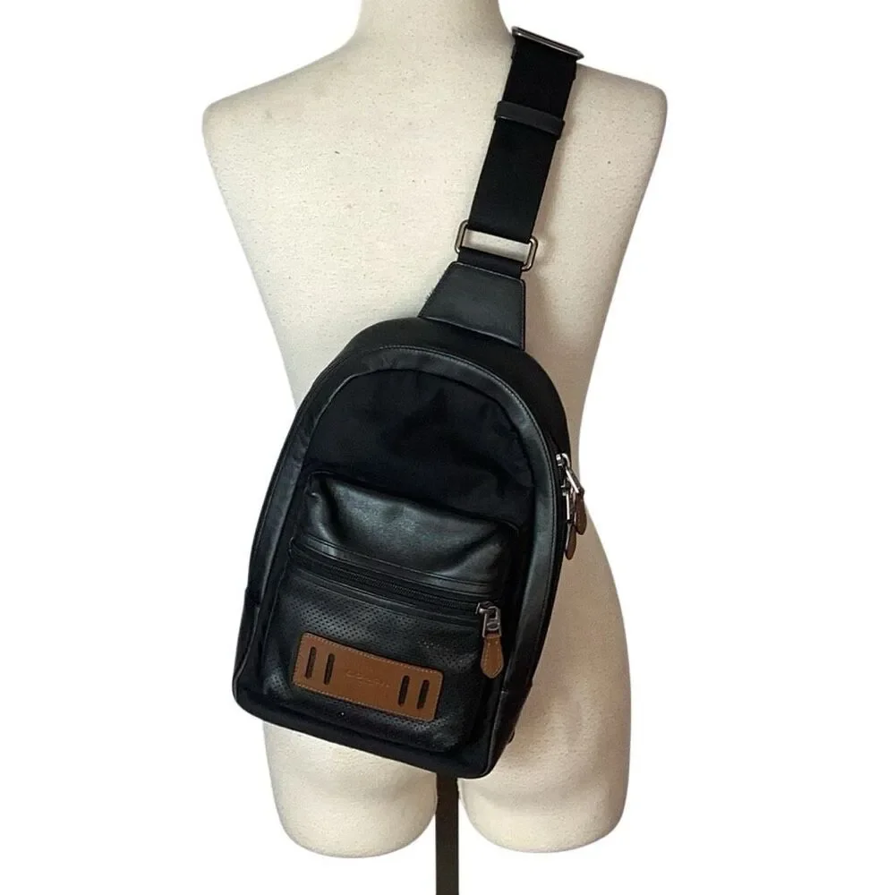 Coach New York Trek Terrain Sling Pack Backpack Black Leather Nylon Mesh