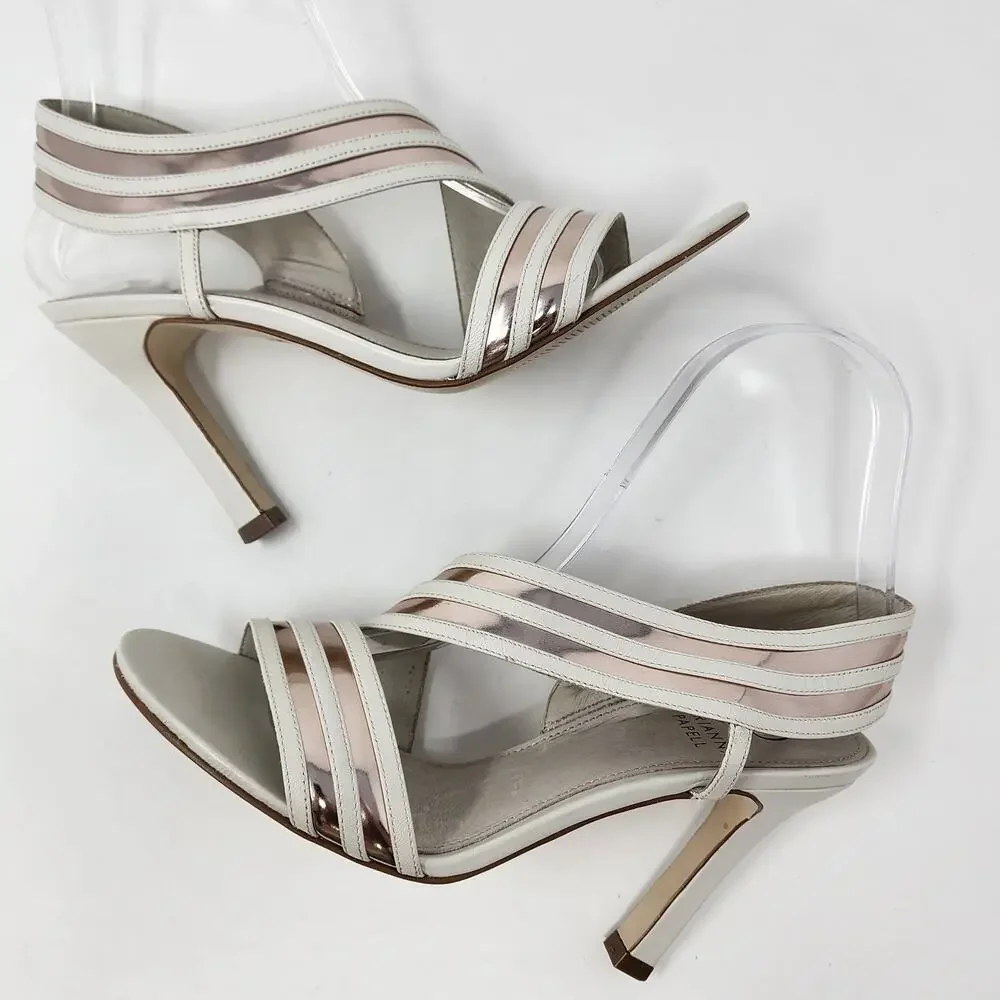 Adrianna Papell Edison Heel 6.5M Strappy Cream Leather Rose Gold Metallic Stripe